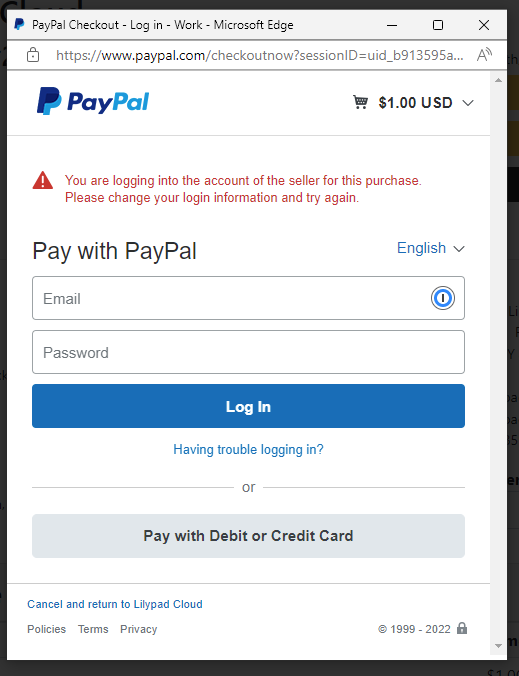 PayPal Portal pop up window